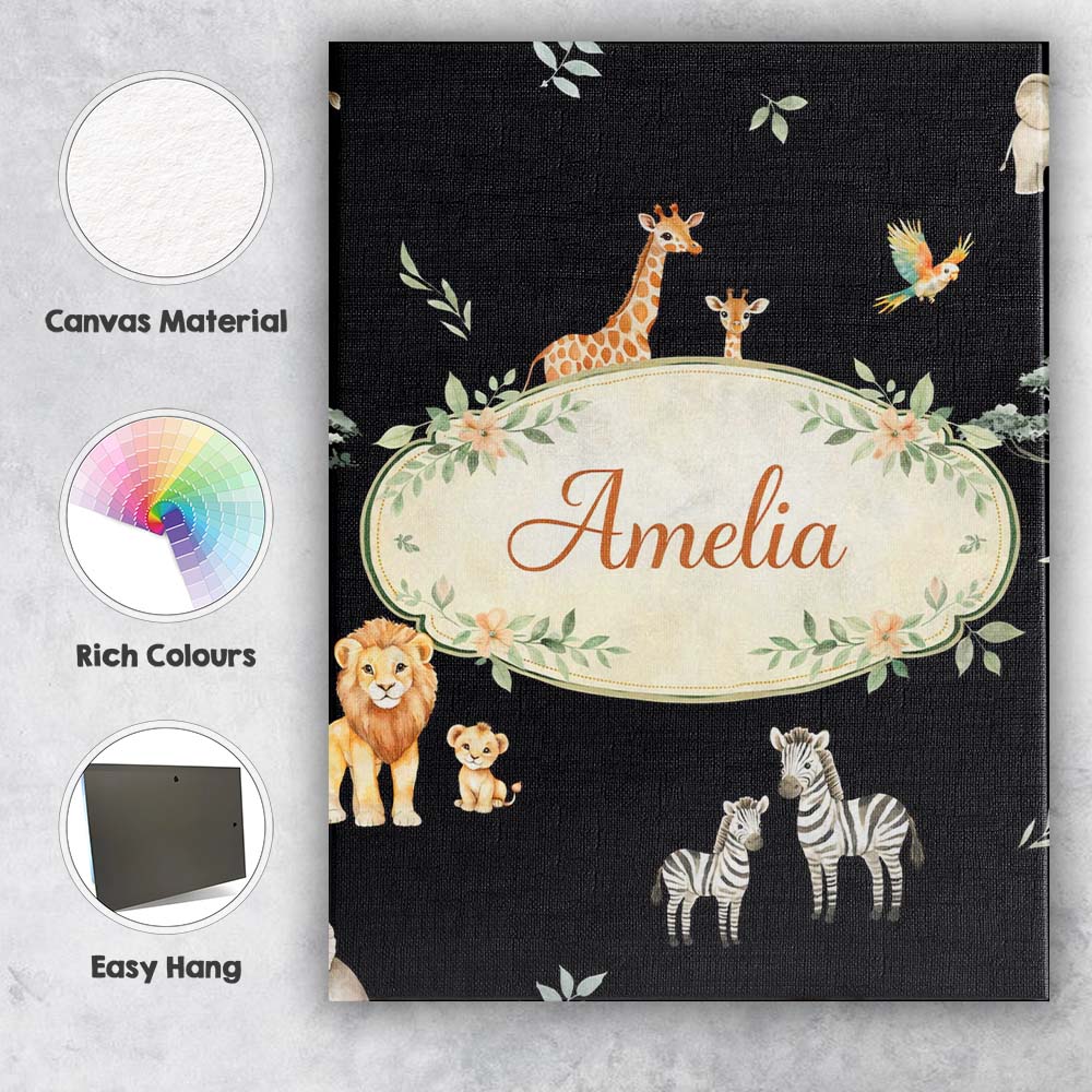 Personalised Name Cute Safari Animals Lion Custom Unique Gift Idea Elegant Feature Canvas Wall Art Print Decor Picture Ready to Hang