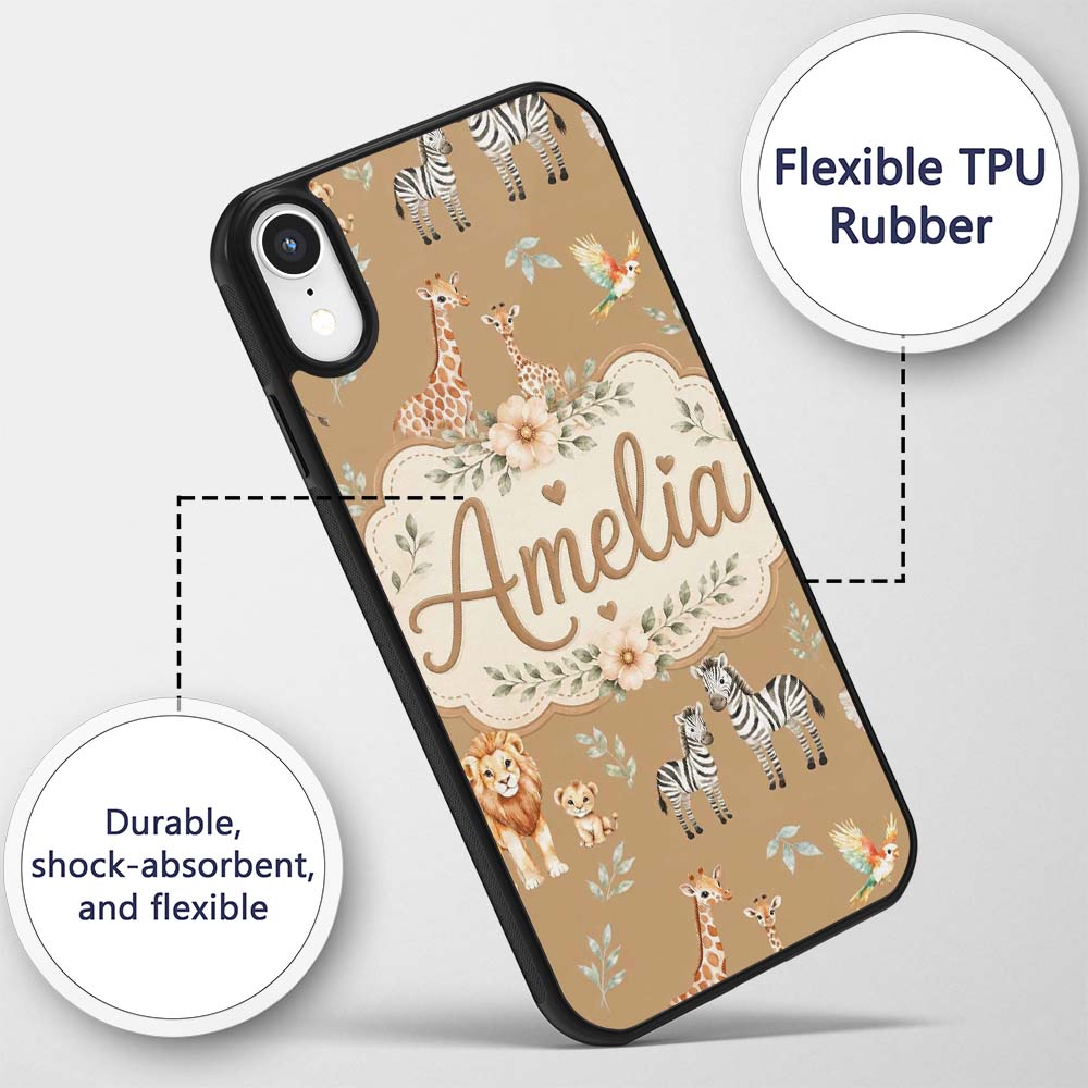 Cute Safari Animals Lion Giraffe Zebra Elephant Custom Name Protective Phone Case Mobile Cover Durable Everyday Smartphone Shock Resistant