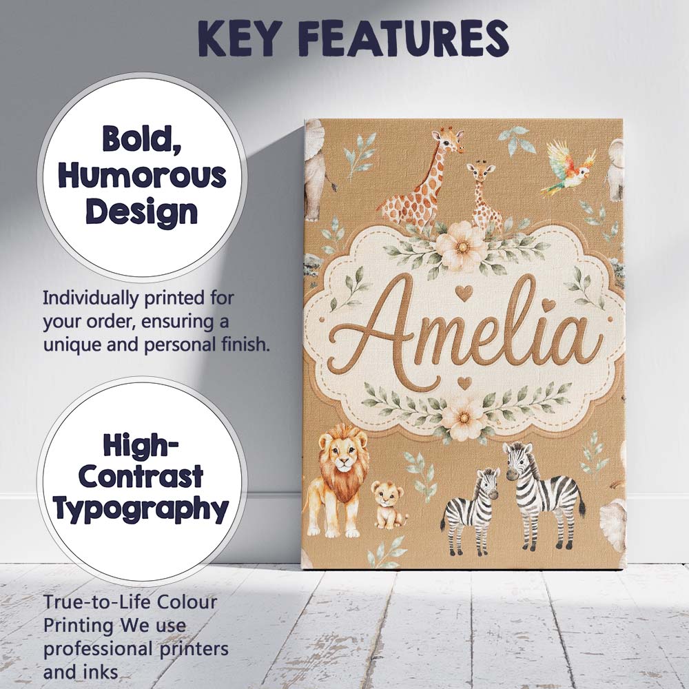 Personalised Name Cute Safari Animals Lion Custom Unique Gift Idea Elegant Feature Canvas Wall Art Print Decor Picture Ready to Hang