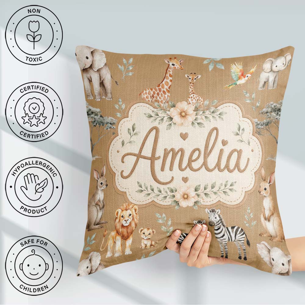 Custom Name Cute Safari Animals Lion Giraffe Zebra Pattern Cream Square Filled Cushion Throw Pillow Sofa Bed Home Decor Zip Washable UK Made