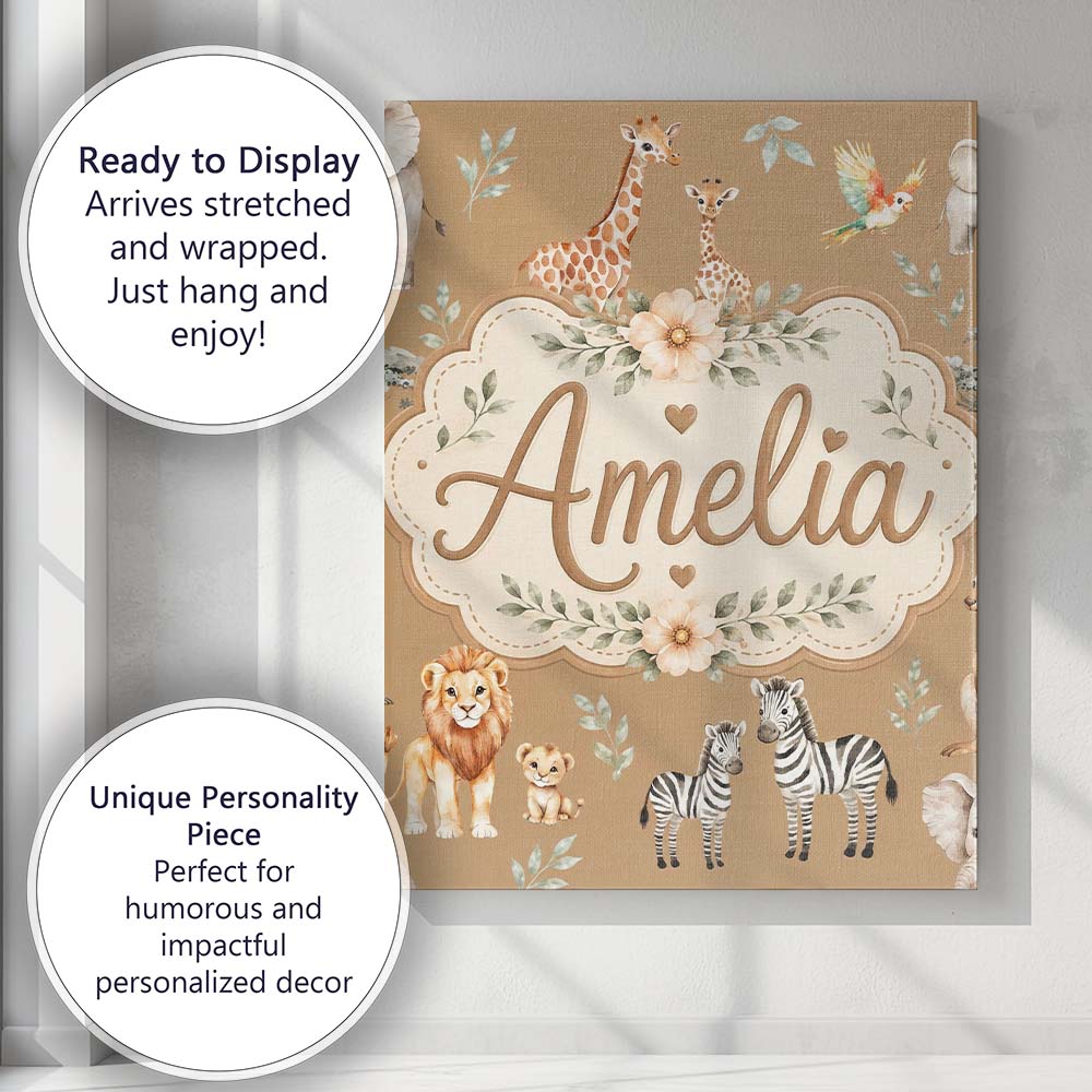 Personalised Name Cute Safari Animals Lion Custom Unique Gift Idea Elegant Feature Canvas Wall Art Print Decor Picture Ready to Hang