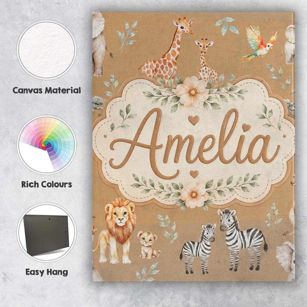 Personalised Name Cute Safari Animals Lion Custom Unique Gift Idea Elegant Feature Canvas Wall Art Print Decor Picture Ready to Hang
