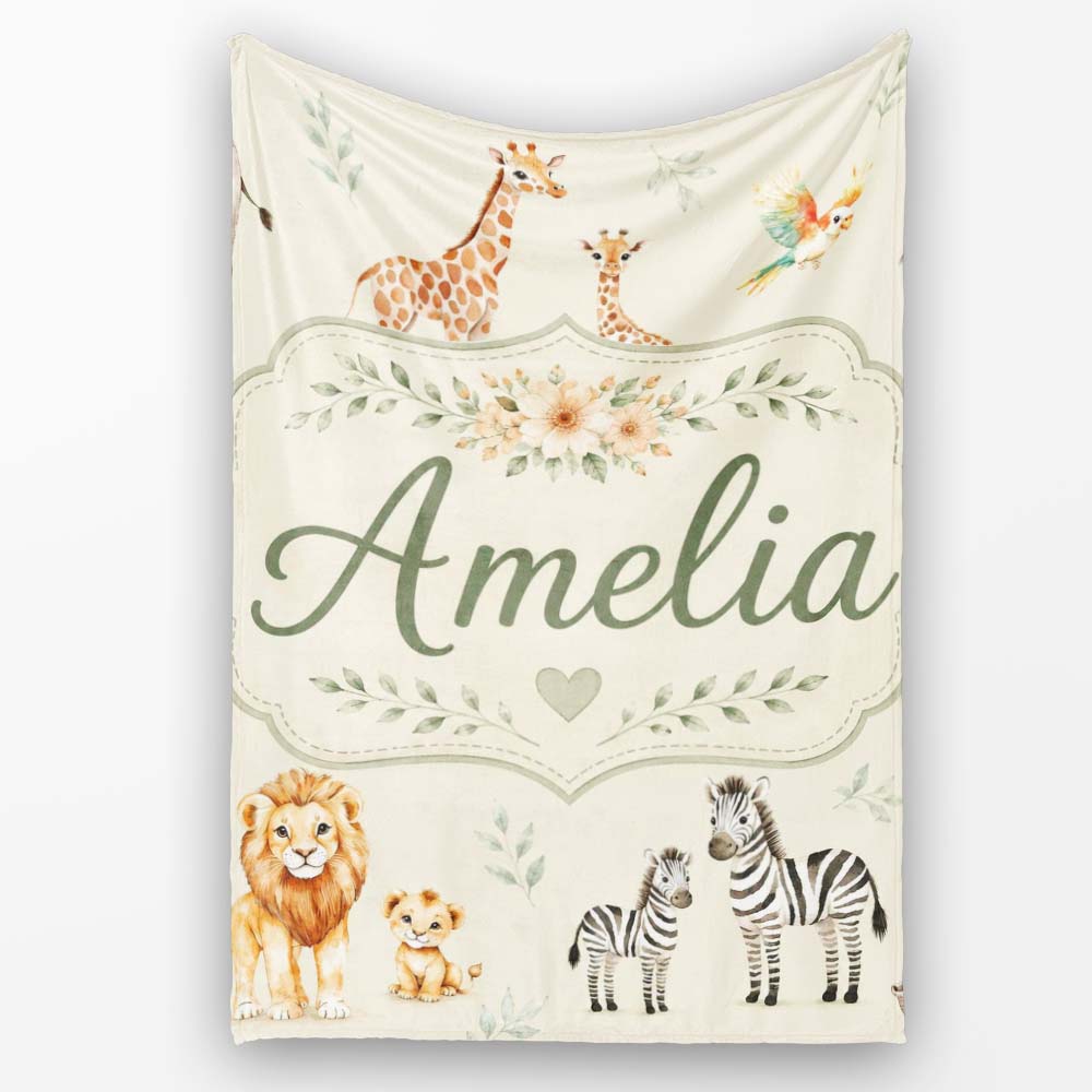 Cute Safari Animals Lion Giraffe Zebra Elephant Pattern Beige Lovely Personalised Custom Name Super Soft Fleece Blanket Bed Sofa Throw