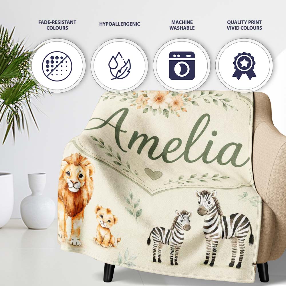 Cute Safari Animals Lion Giraffe Zebra Elephant Pattern Beige Lovely Personalised Custom Name Super Soft Fleece Blanket Bed Sofa Throw
