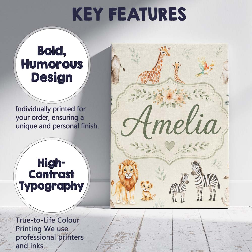 Personalised Name Cute Safari Animals Lion Custom Unique Gift Idea Elegant Feature Canvas Wall Art Print Decor Picture Ready to Hang