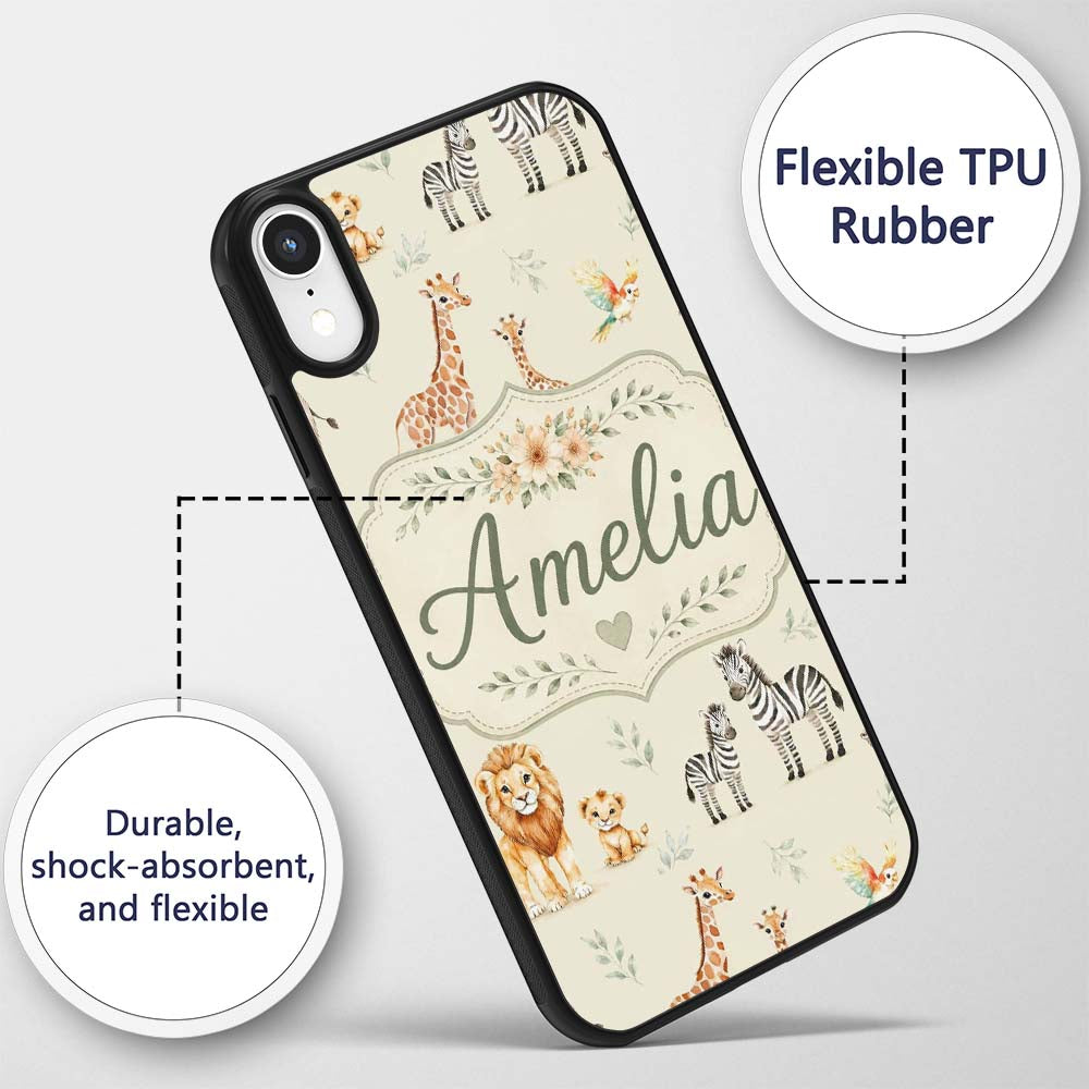 Cute Safari Animals Lion Giraffe Zebra Elephant Custom Name Protective Phone Case Mobile Cover Durable Everyday Smartphone Shock Resistant
