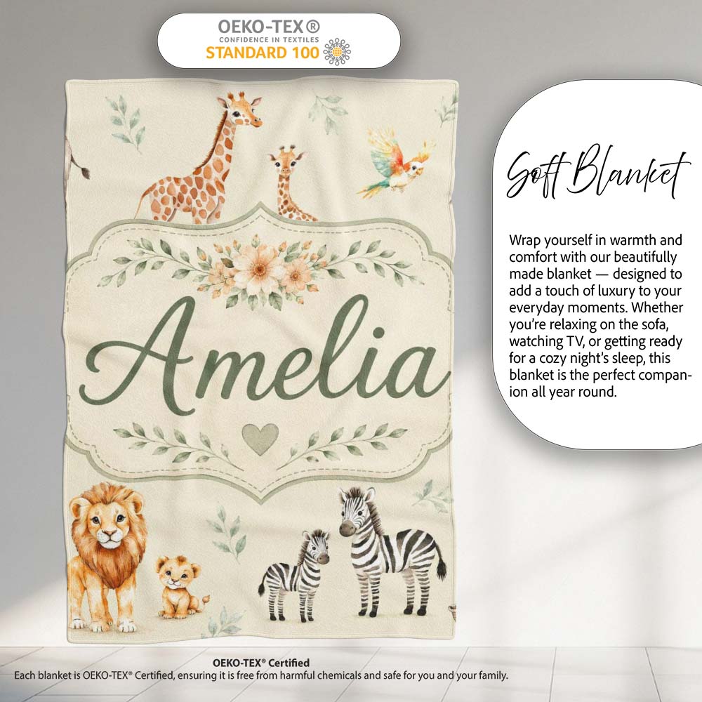 Cute Safari Animals Lion Giraffe Zebra Elephant Pattern Beige Lovely Personalised Custom Name Super Soft Fleece Blanket Bed Sofa Throw
