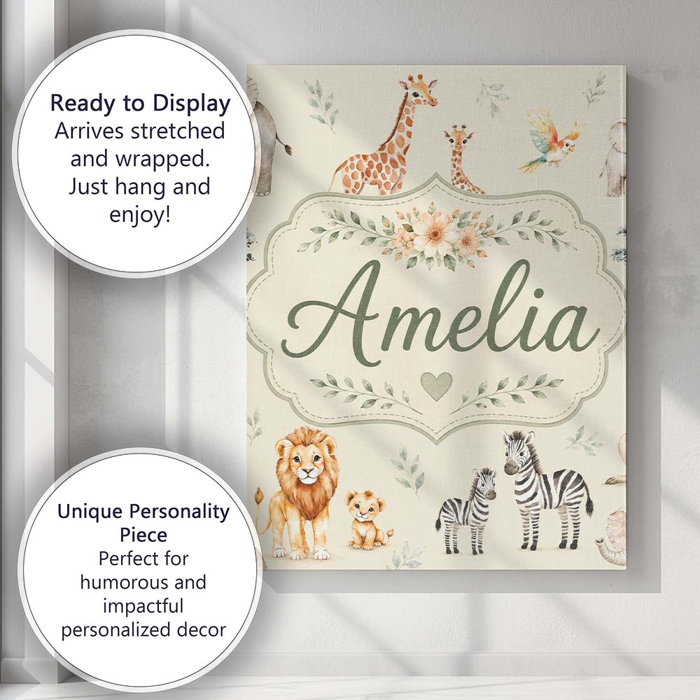 Personalised Name Cute Safari Animals Lion Custom Unique Gift Idea Elegant Feature Canvas Wall Art Print Decor Picture Ready to Hang