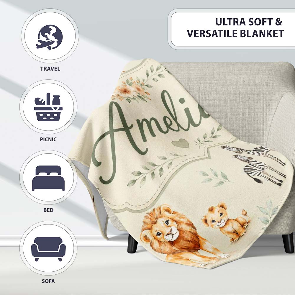 Cute Safari Animals Lion Giraffe Zebra Elephant Pattern Beige Lovely Personalised Custom Name Super Soft Fleece Blanket Bed Sofa Throw