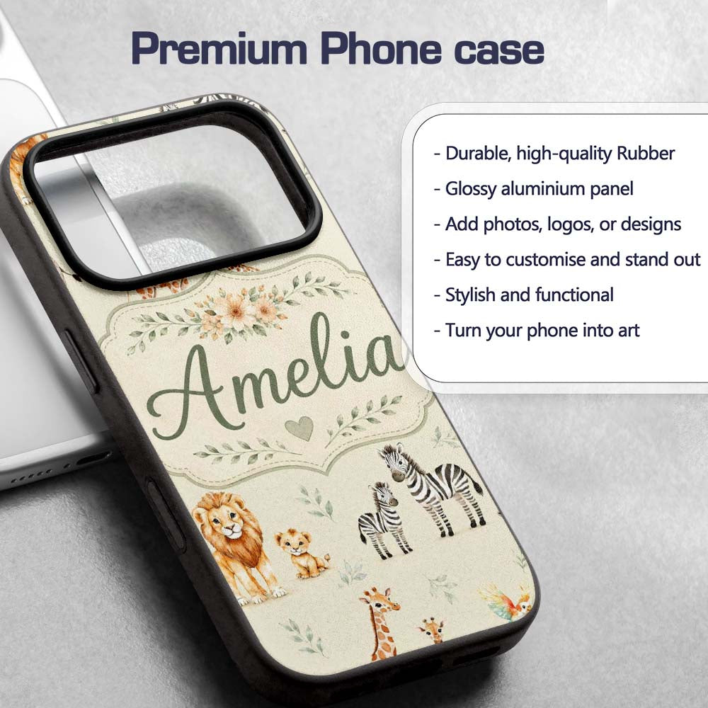 Cute Safari Animals Lion Giraffe Zebra Elephant Custom Name Protective Phone Case Mobile Cover Durable Everyday Smartphone Shock Resistant