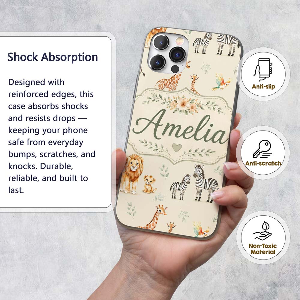 Cute Safari Animals Lion Giraffe Zebra Elephant Custom Name Protective Phone Case Mobile Cover Durable Everyday Smartphone Shock Resistant