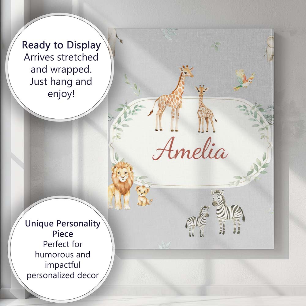 Personalised Name Cute Safari Animals Custom Modern Room Accent Creative Decorator Style Canvas Wall Art Print Decor Picture Ready to Hang