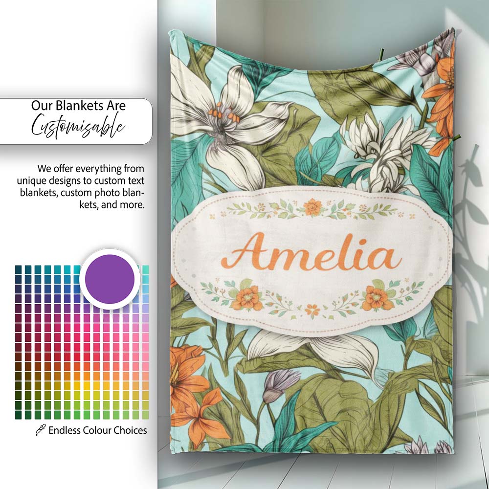 Tropical Floral Leaves Blue Background Seamless Pattern Lovely Personalised Custom Name Super Soft Fleece Blanket Bed Sofa Throw
