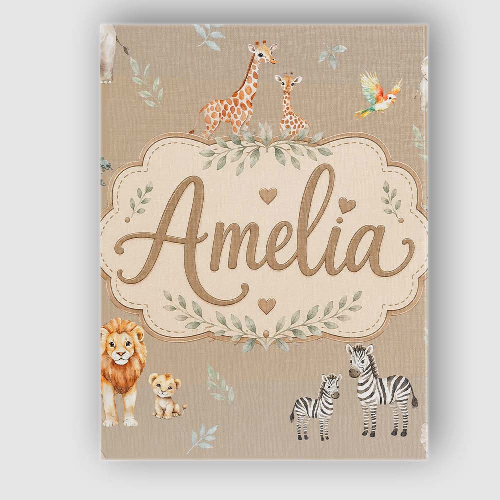 Personalised Name Cute Safari Animals Custom Modern Room Accent Creative Decorator Style Canvas Wall Art Print Decor Picture Ready to Hang