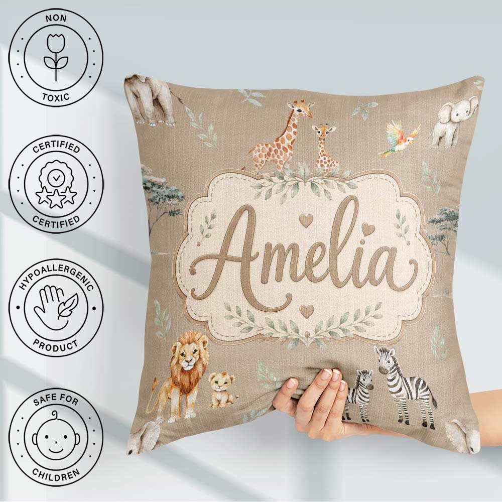 Custom Name Cute Safari Animals Lion Zebra Parrot Seamless Beige Square Filled Cushion Throw Pillow Sofa Bed Home Decor Zip Washable UK Made