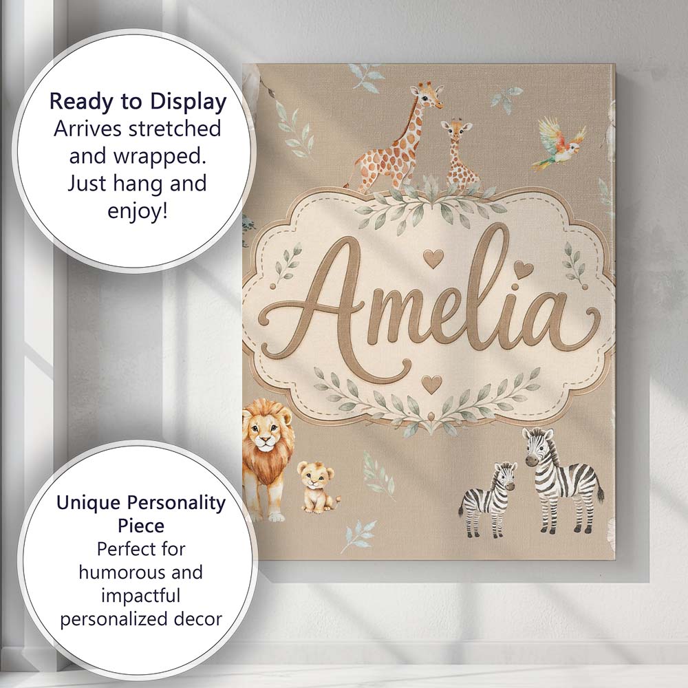 Personalised Name Cute Safari Animals Custom Modern Room Accent Creative Decorator Style Canvas Wall Art Print Decor Picture Ready to Hang