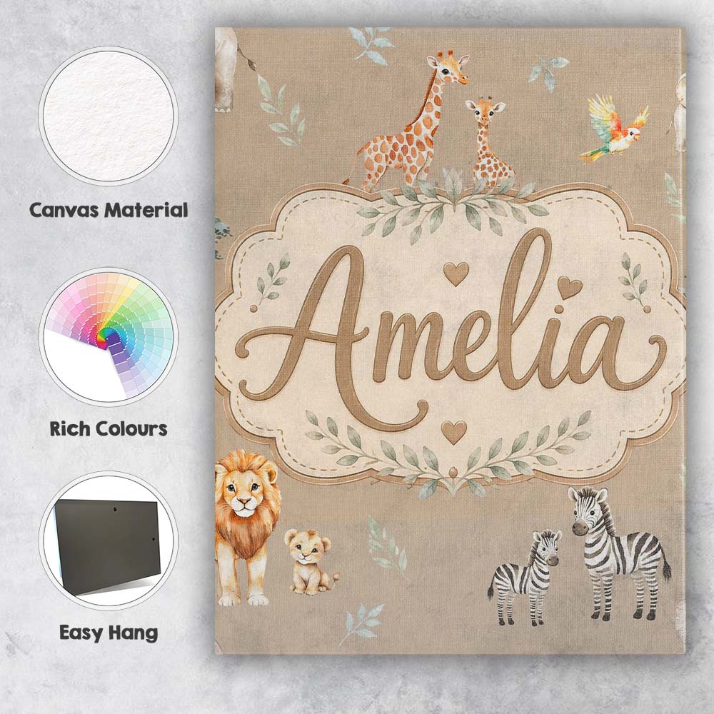 Personalised Name Cute Safari Animals Custom Modern Room Accent Creative Decorator Style Canvas Wall Art Print Decor Picture Ready to Hang