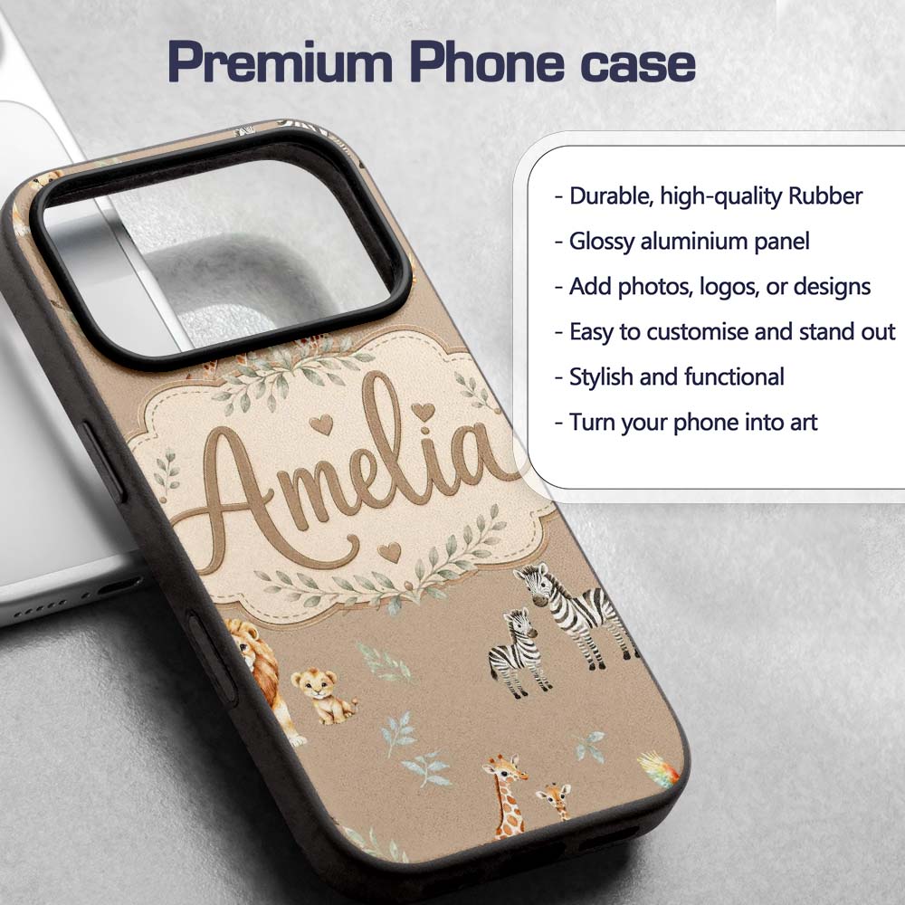 Cute Safari Animals Giraffe Lion Zebra Parrot Custom Name Protective Phone Case Mobile Cover Durable Everyday Smartphone Shock Resistant