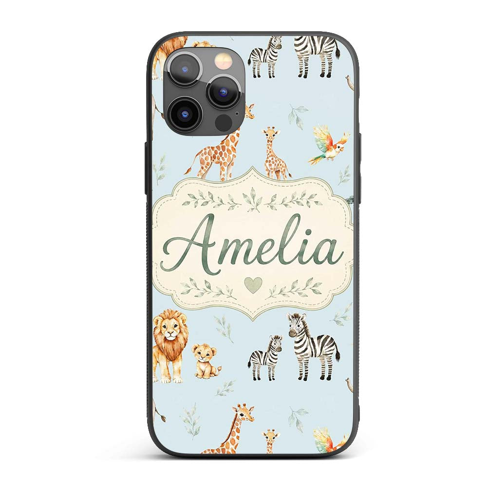 Cute Safari Animals Giraffe Lion Zebra Parrot Custom Name Protective Phone Case Mobile Cover Durable Everyday Smartphone Shock Resistant
