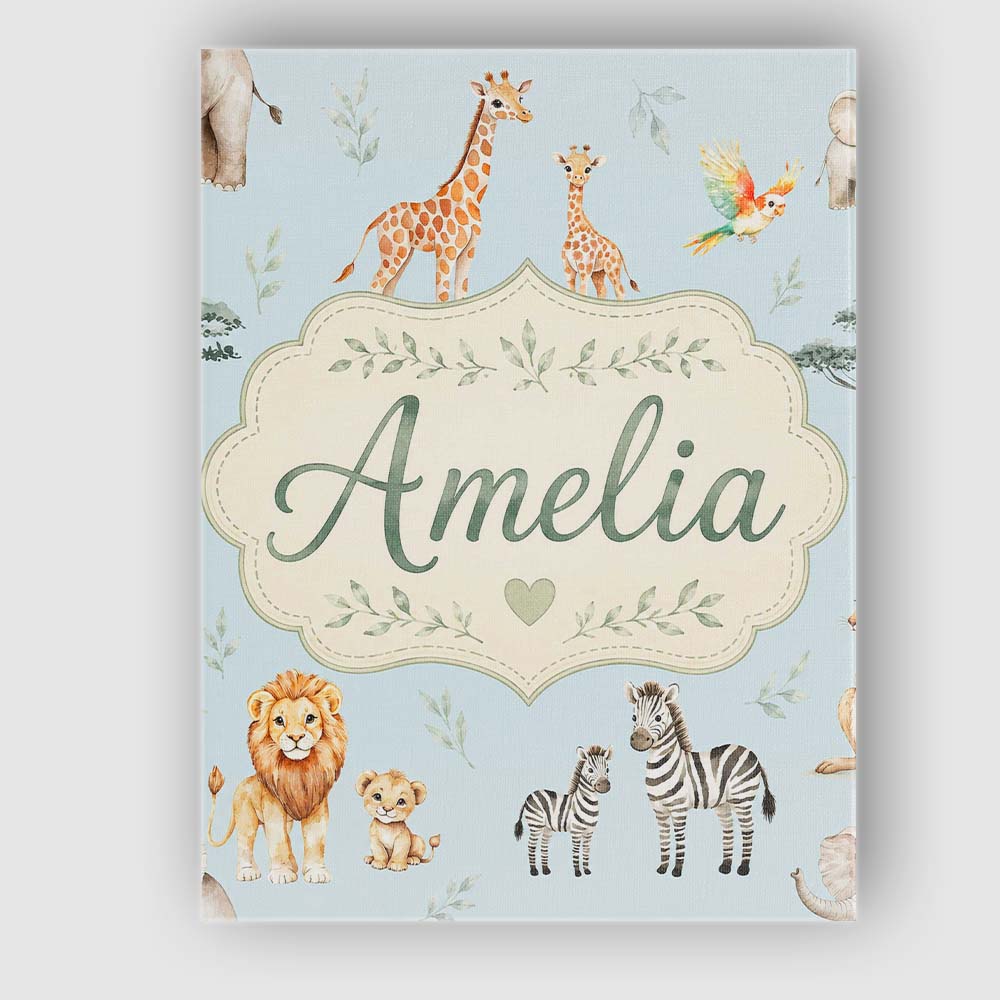 Personalised Name Cute Safari Animals Custom Modern Room Accent Creative Decorator Style Canvas Wall Art Print Decor Picture Ready to Hang