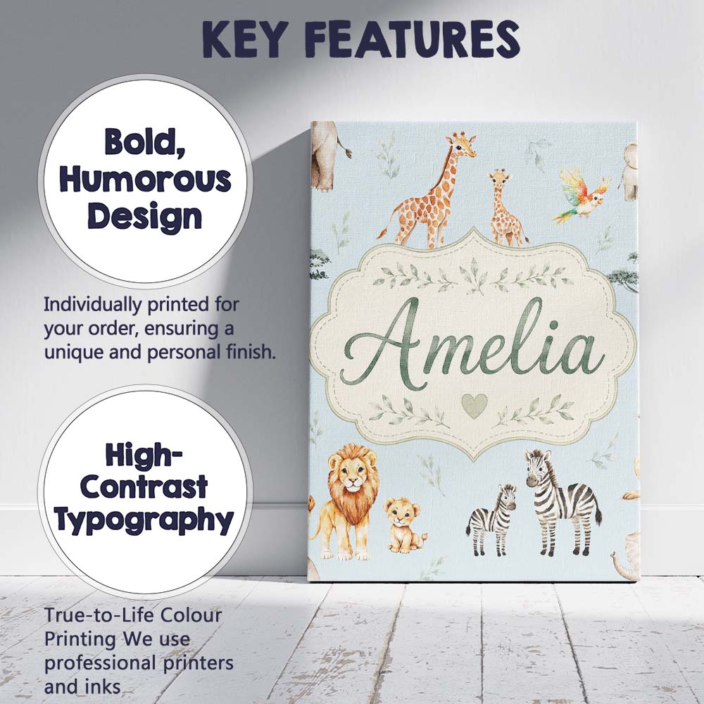 Personalised Name Cute Safari Animals Custom Modern Room Accent Creative Decorator Style Canvas Wall Art Print Decor Picture Ready to Hang