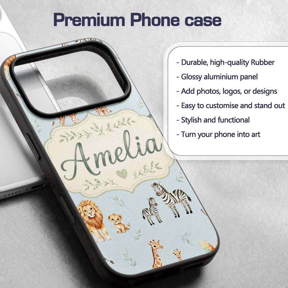 Cute Safari Animals Giraffe Lion Zebra Parrot Custom Name Protective Phone Case Mobile Cover Durable Everyday Smartphone Shock Resistant