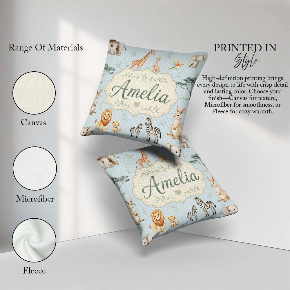 Custom Name Cute Safari Animals Giraffe Lion Zebra Seamless Blue Square Filled Cushion Throw Pillow Sofa Bed Home Decor Zip Washable UK Made