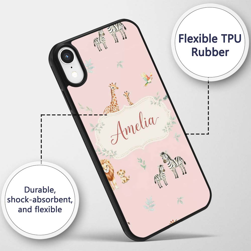 Cute Safari Animals Giraffe Lion Zebra Parrot Custom Name Protective Phone Case Mobile Cover Durable Everyday Smartphone Shock Resistant