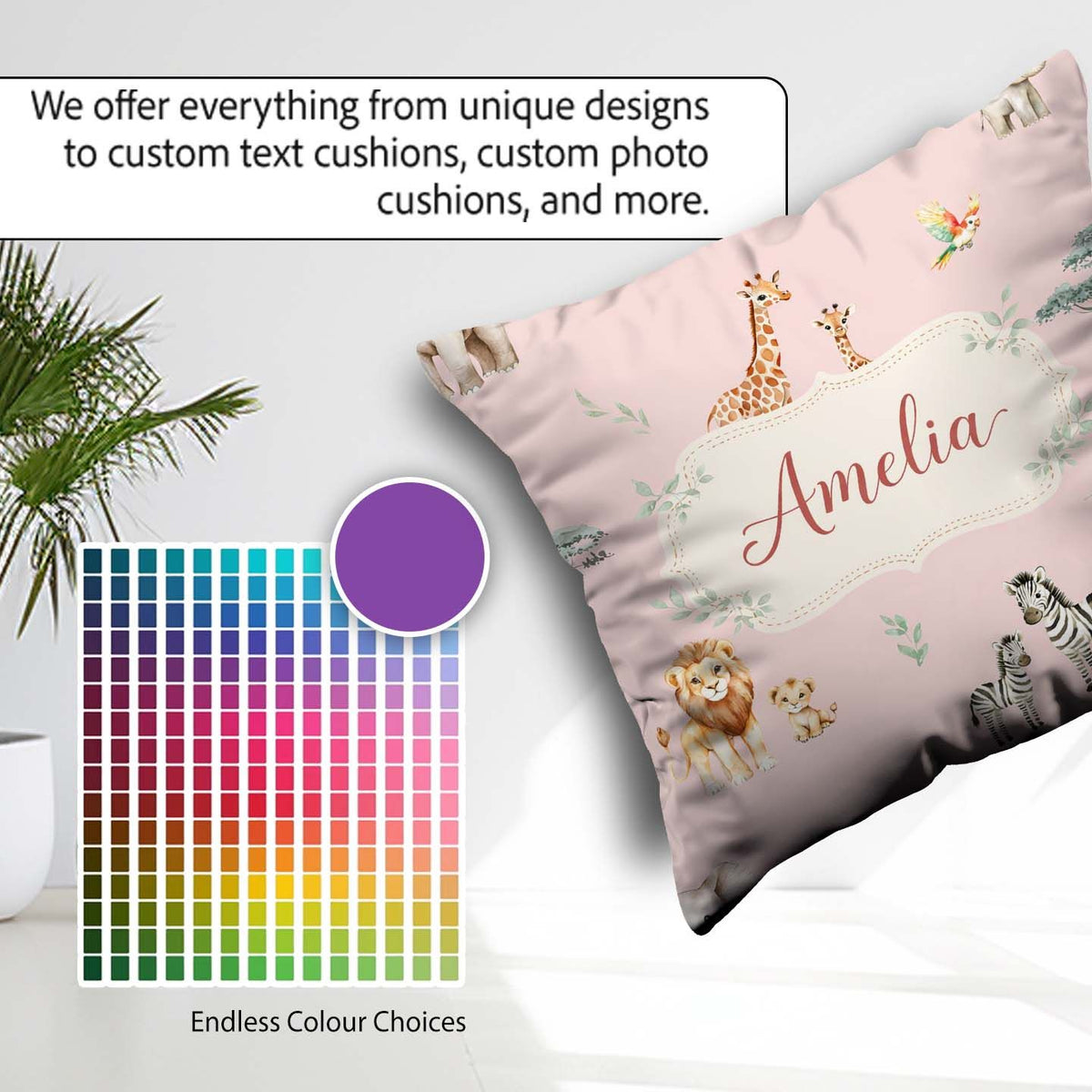 Custom Name Safari Animals Giraffe Lion Zebra Pattern Blush Pink Square Filled Cushion Throw Pillow Sofa Bed Home Decor Zip Washable UK Made