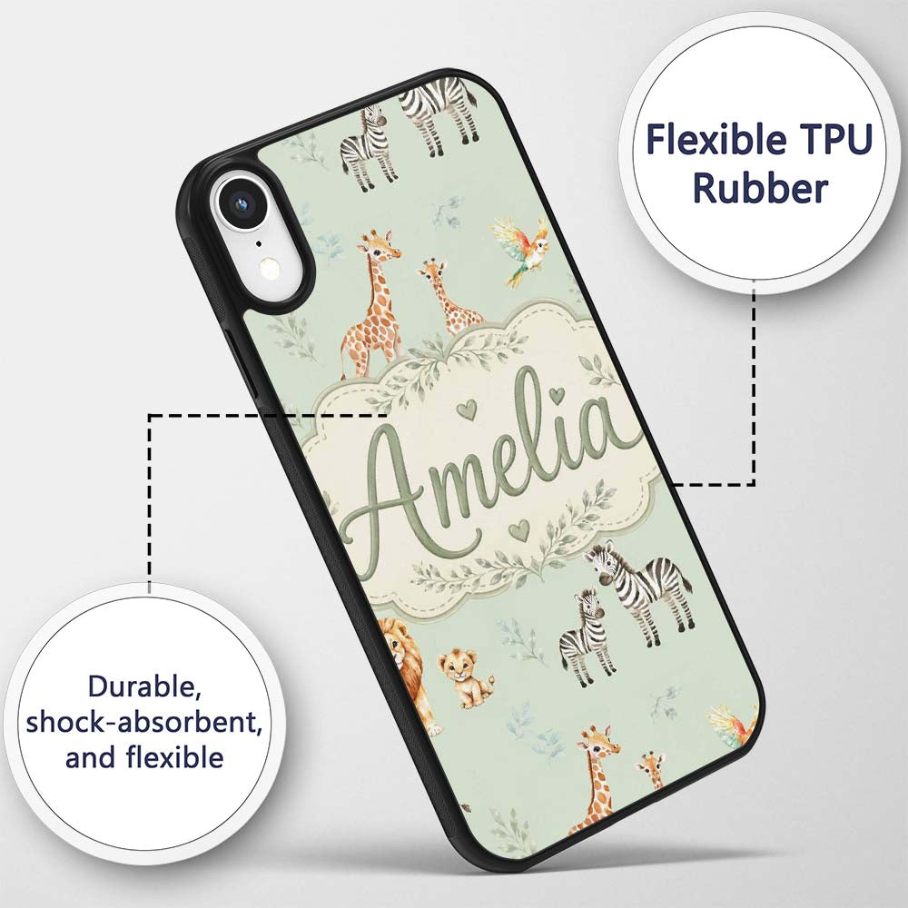Cute Safari Animals Giraffe Lion Zebra Parrot Custom Name Protective Phone Case Mobile Cover Durable Everyday Smartphone Shock Resistant