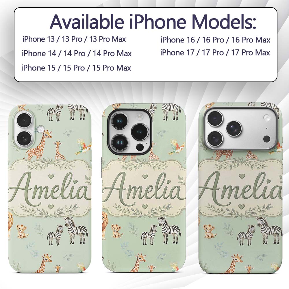Cute Safari Animals Giraffe Lion Zebra Parrot Custom Name Protective Phone Case Mobile Cover Durable Everyday Smartphone Shock Resistant