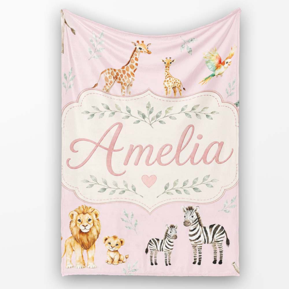 Cute Safari Animals Giraffe Lion Zebra Parrot Seamless Pattern Mauve Personalised Custom Name Super Soft Fleece Blanket Bed Sofa Throw