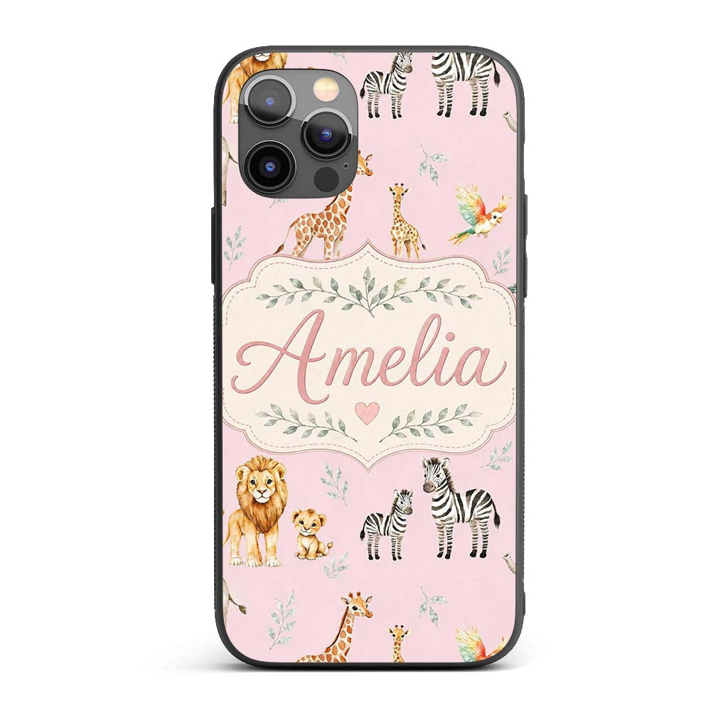 Cute Safari Animals Giraffe Lion Zebra Parrot Custom Name Protective Phone Case Mobile Cover Durable Everyday Smartphone Shock Resistant