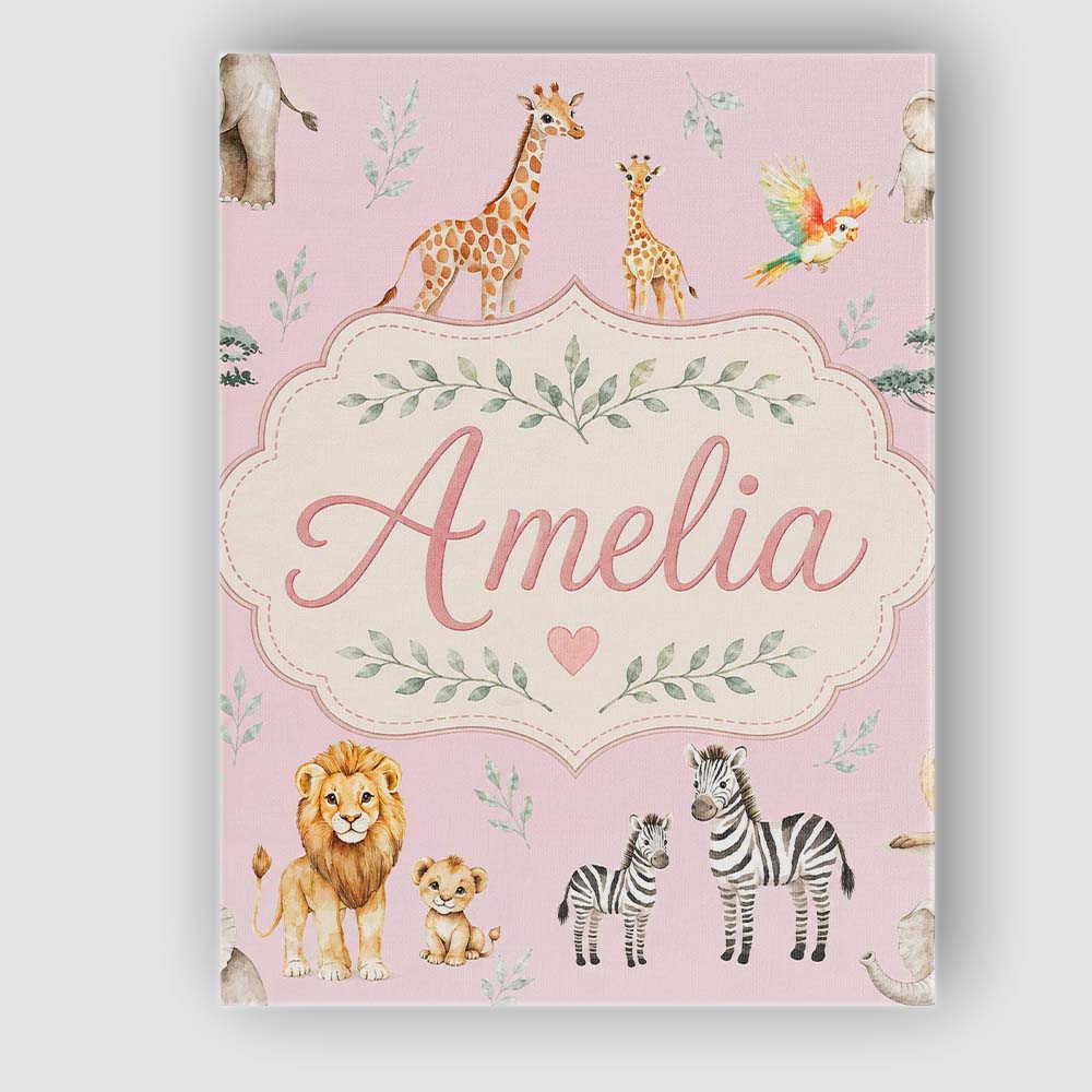 Personalised Name Cute Safari Animals Custom Modern Room Accent Creative Decorator Style Canvas Wall Art Print Decor Picture Ready to Hang