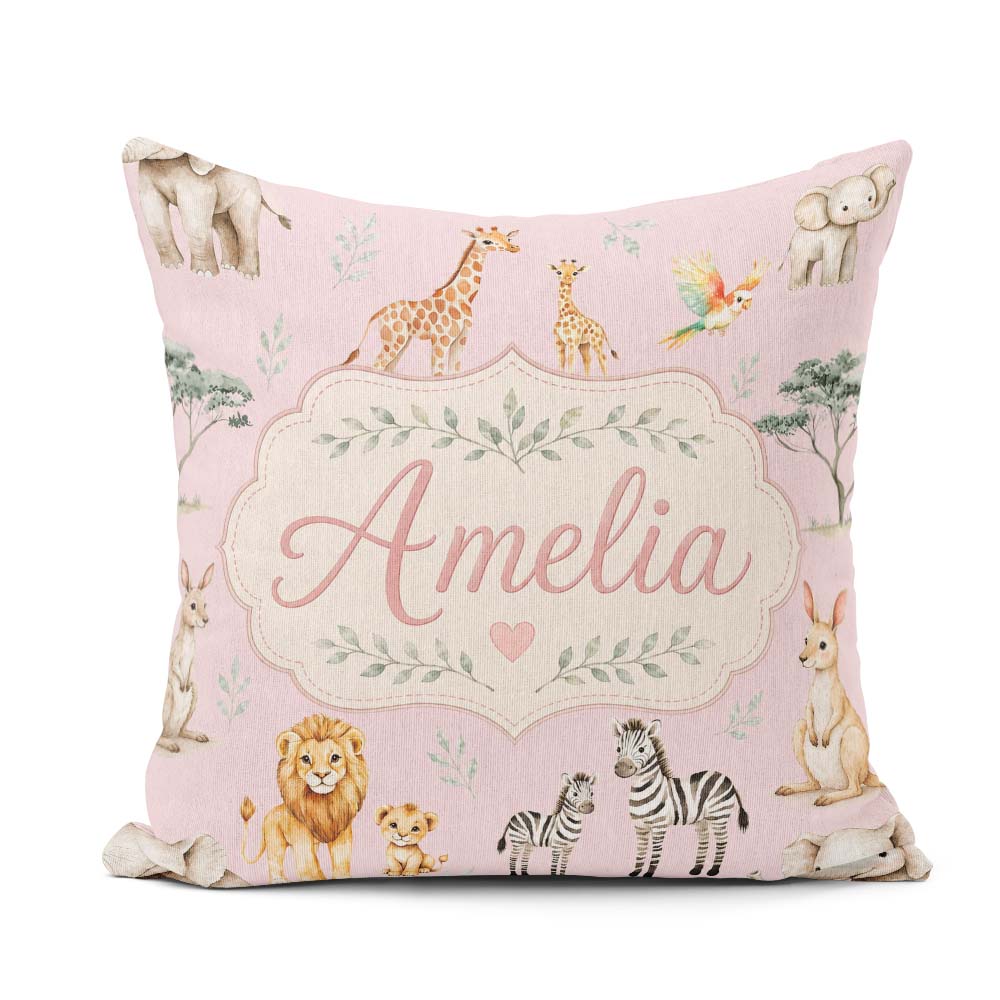 Custom Name Cute Safari Animals Lion Zebra Parrot Seamless Mauve Square Filled Cushion Throw Pillow Sofa Bed Home Decor Zip Washable UK Made