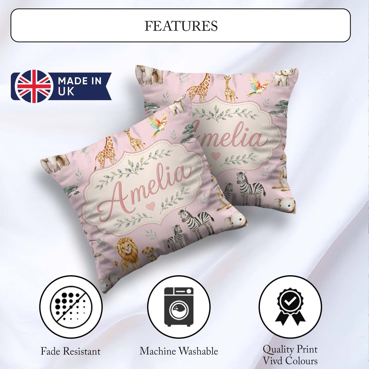 Custom Name Cute Safari Animals Lion Zebra Parrot Seamless Mauve Square Filled Cushion Throw Pillow Sofa Bed Home Decor Zip Washable UK Made