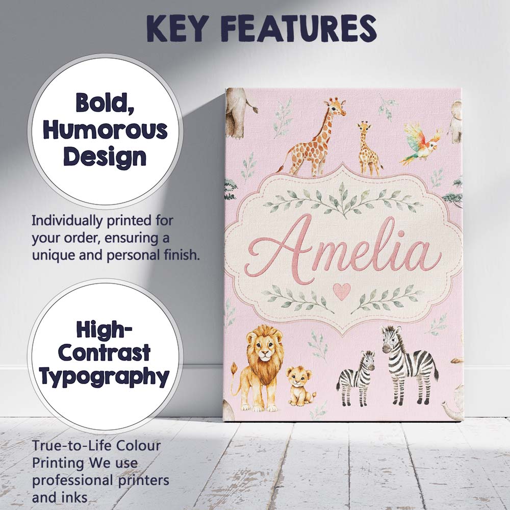 Personalised Name Cute Safari Animals Custom Modern Room Accent Creative Decorator Style Canvas Wall Art Print Decor Picture Ready to Hang