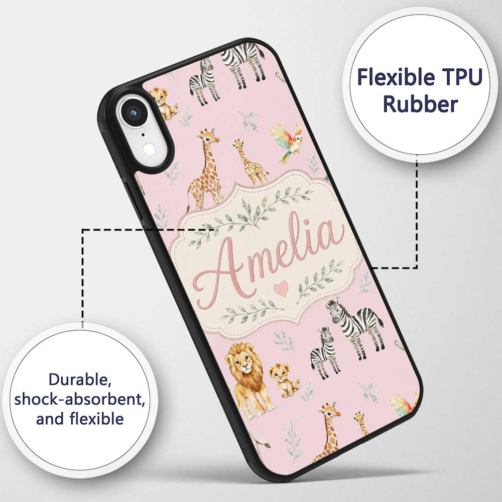 Cute Safari Animals Giraffe Lion Zebra Parrot Custom Name Protective Phone Case Mobile Cover Durable Everyday Smartphone Shock Resistant