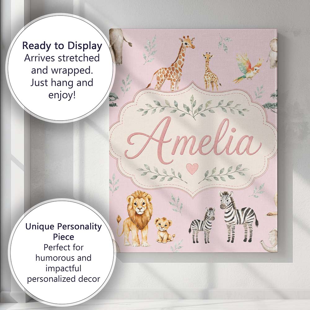 Personalised Name Cute Safari Animals Custom Modern Room Accent Creative Decorator Style Canvas Wall Art Print Decor Picture Ready to Hang