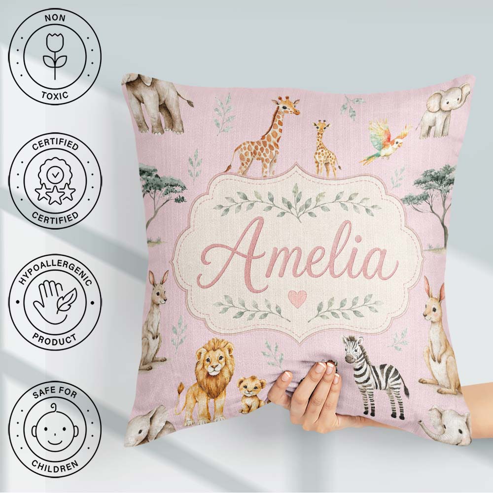 Custom Name Cute Safari Animals Lion Zebra Parrot Seamless Mauve Square Filled Cushion Throw Pillow Sofa Bed Home Decor Zip Washable UK Made