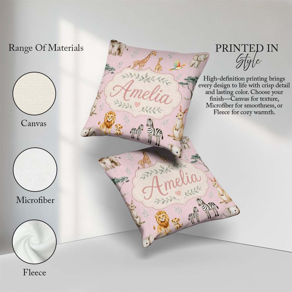 Custom Name Cute Safari Animals Lion Zebra Parrot Seamless Mauve Square Filled Cushion Throw Pillow Sofa Bed Home Decor Zip Washable UK Made