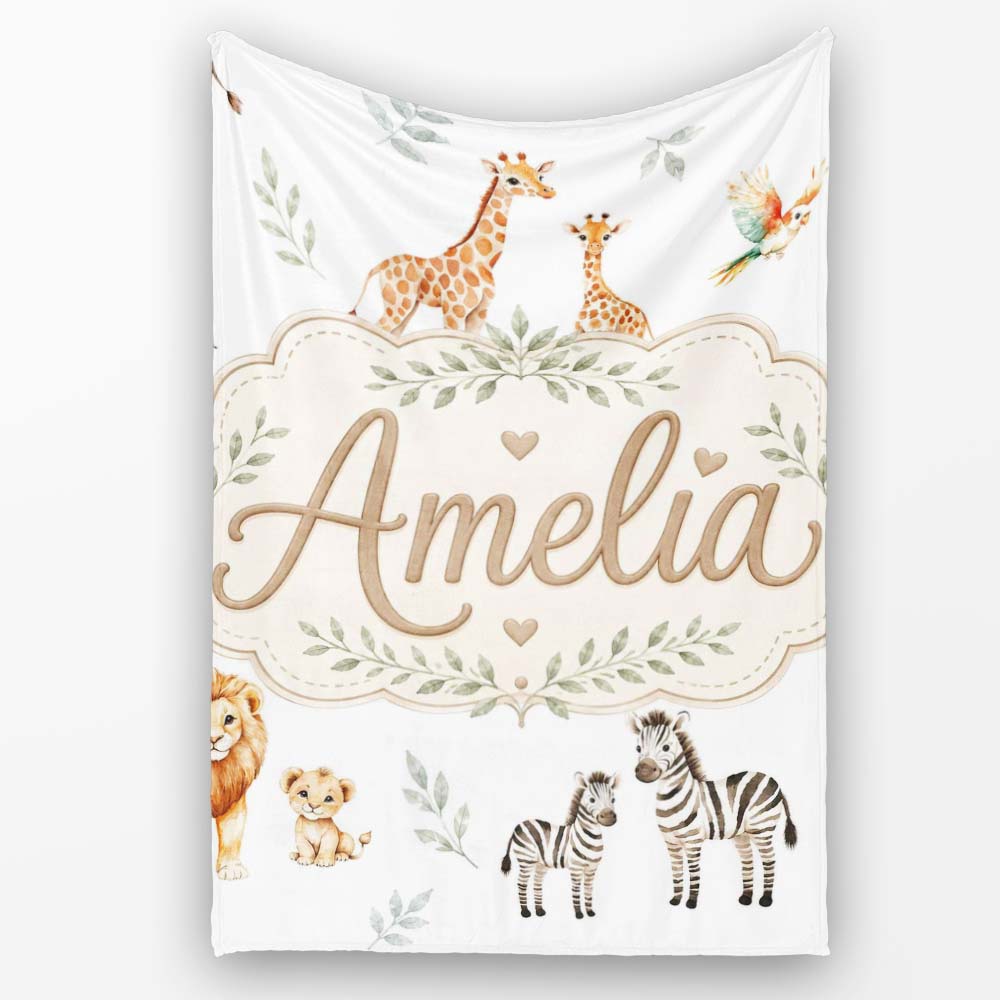 Cute Safari Animals Giraffe Lion Zebra Parrot Pattern Light Grey Personalised Custom Name Super Soft Fleece Blanket Bed Sofa Throw