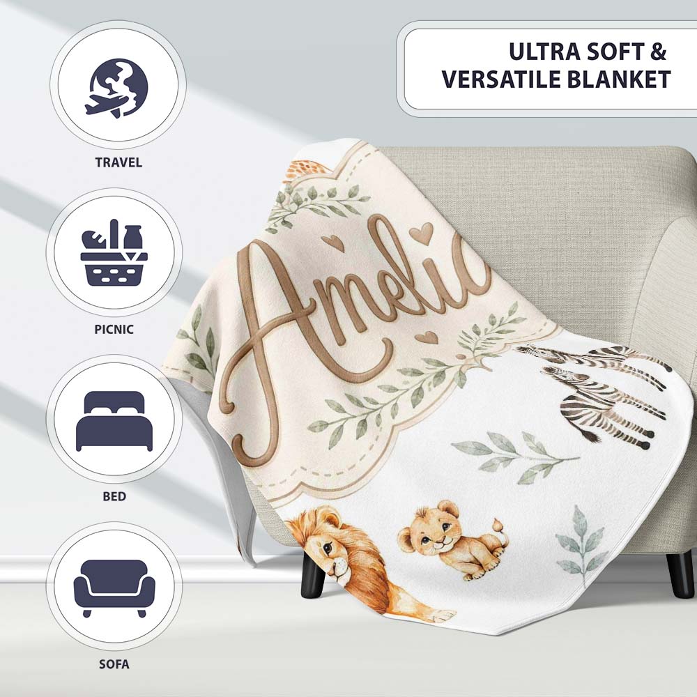 Cute Safari Animals Giraffe Lion Zebra Parrot Pattern Light Grey Personalised Custom Name Super Soft Fleece Blanket Bed Sofa Throw