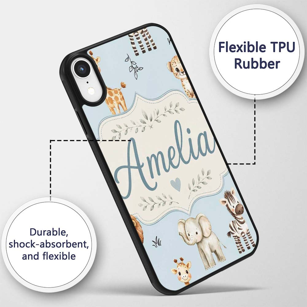 Cute Baby Safari Animals Elephant Giraffe Lion Custom Name Protective Phone Case Mobile Cover Durable Everyday Smartphone Shock Resistant