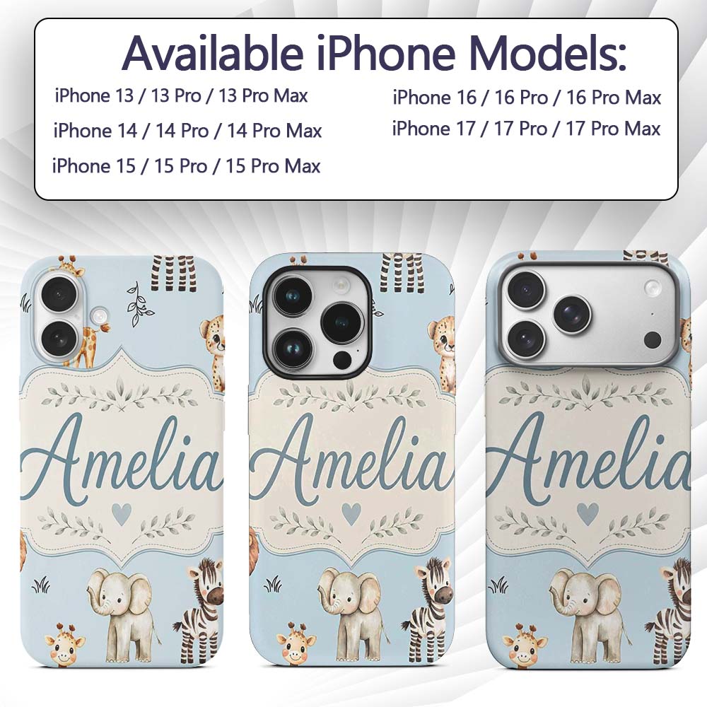 Cute Baby Safari Animals Elephant Giraffe Lion Custom Name Protective Phone Case Mobile Cover Durable Everyday Smartphone Shock Resistant