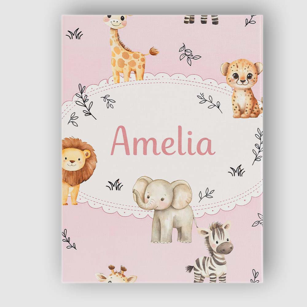 Personalised Name Cute Baby Safari Animals Custom Unique Gift Idea Elegant Feature Canvas Wall Art Print Decor Picture Ready to Hang