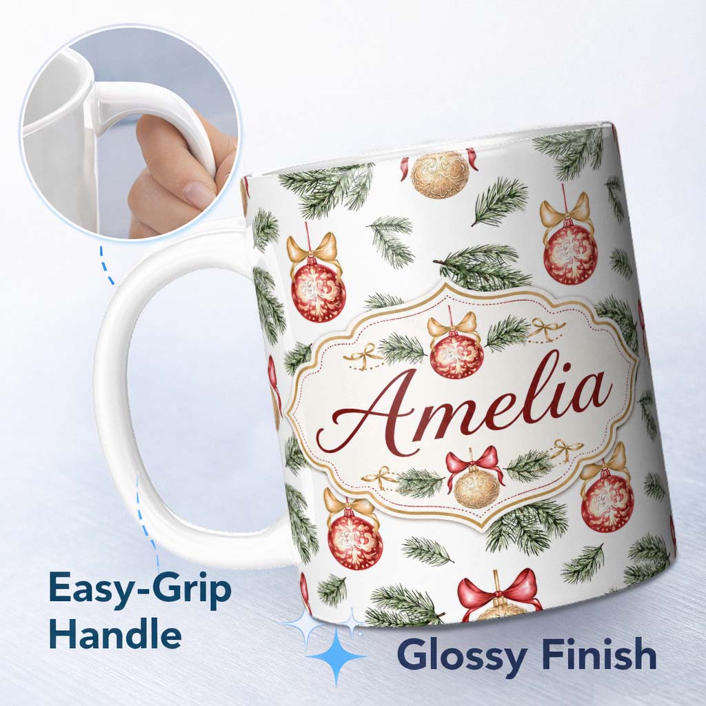 Personalized Custom Name Elegant Red Gold Baubles Pine Branch Festive Seamless Pattern Lovely 11oz Ceramic Coffee Tea Mug White Large Handle