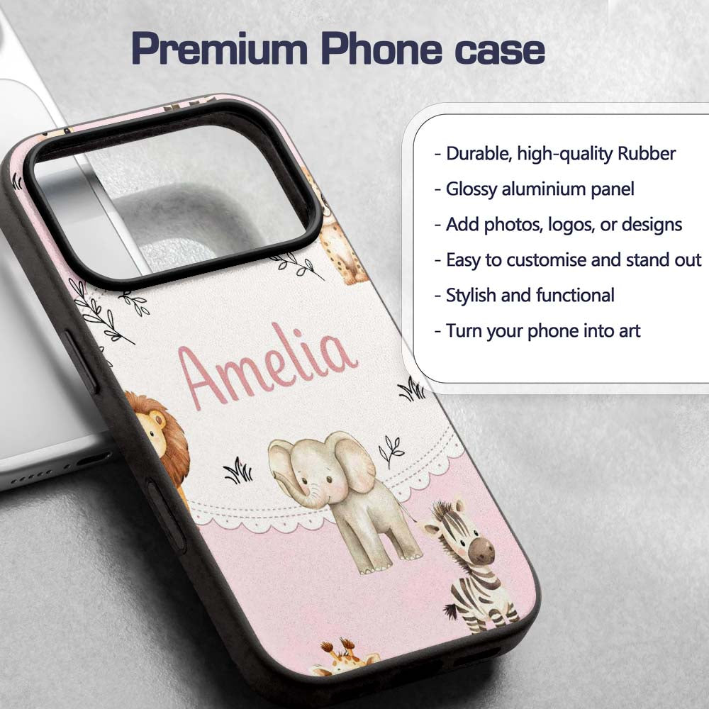 Cute Baby Safari Animals Giraffe Lion Elephant Custom Name Protective Phone Case Mobile Cover Durable Everyday Smartphone Shock Resistant