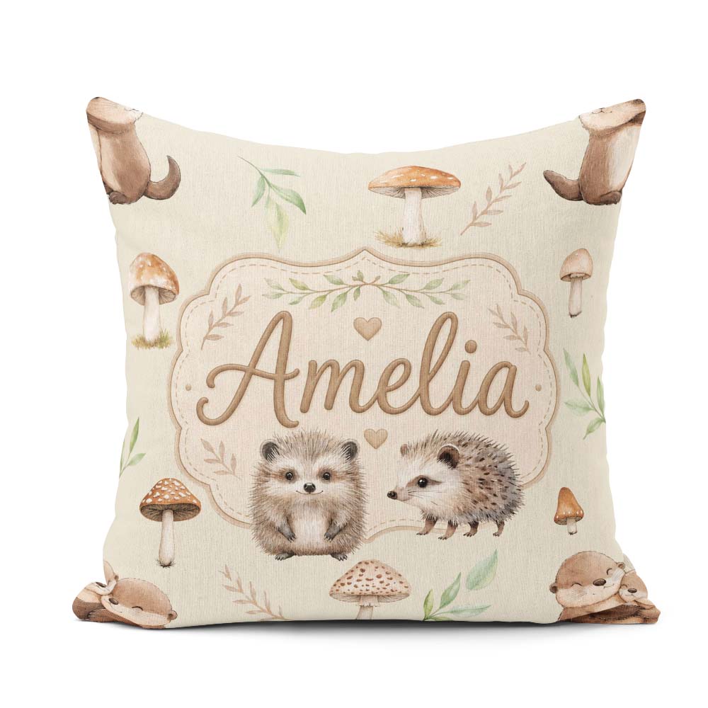 Custom Name Cute Woodland Hedgehog Leaves Seamless Pattern Light Square Filled Cushion Throw Pillow Sofa Bed Home Decor Zip Washable UK Made