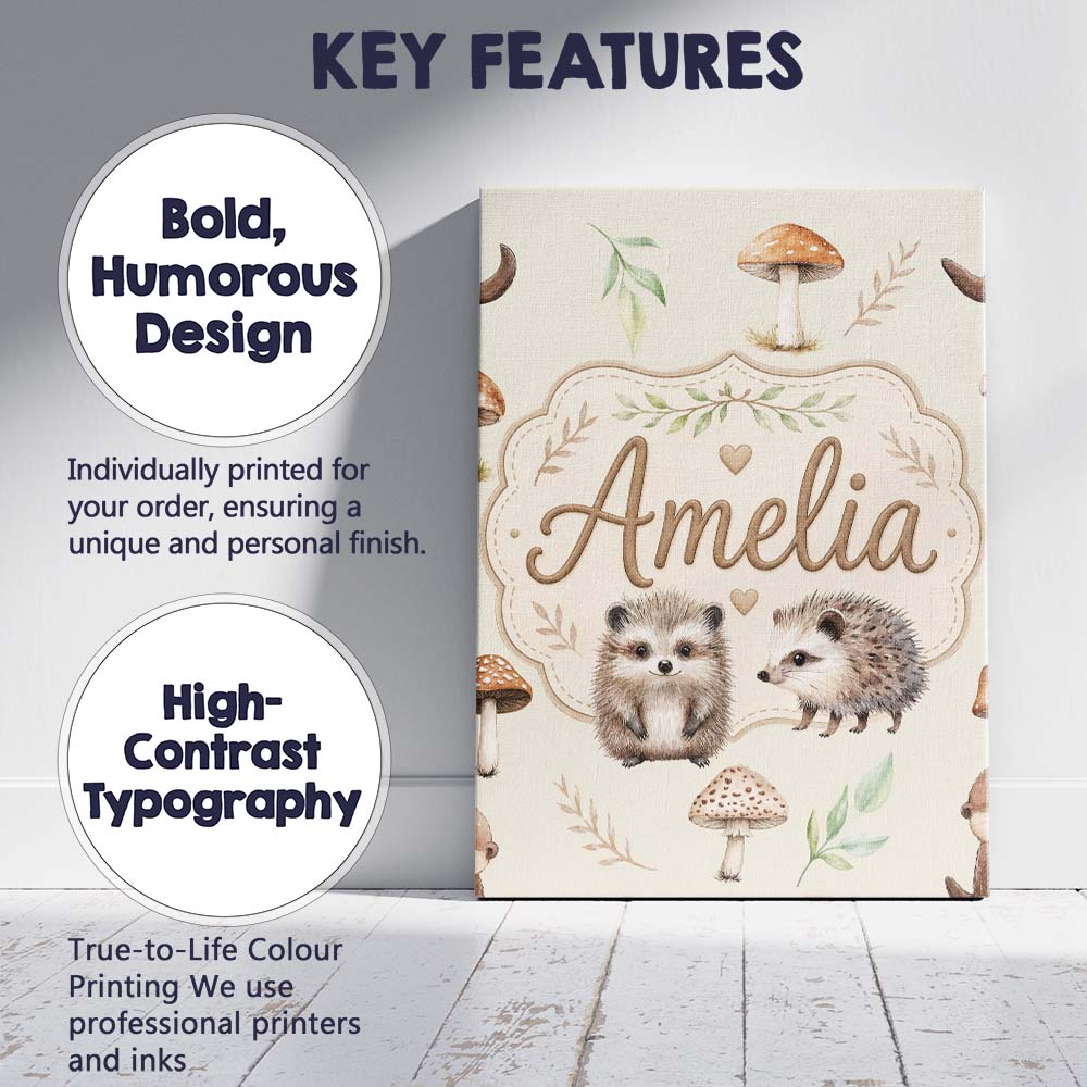 Personalised Name Cute Woodland Hedgehog Custom Unique Gift Idea Elegant Feature Canvas Wall Art Print Decor Picture Ready to Hang